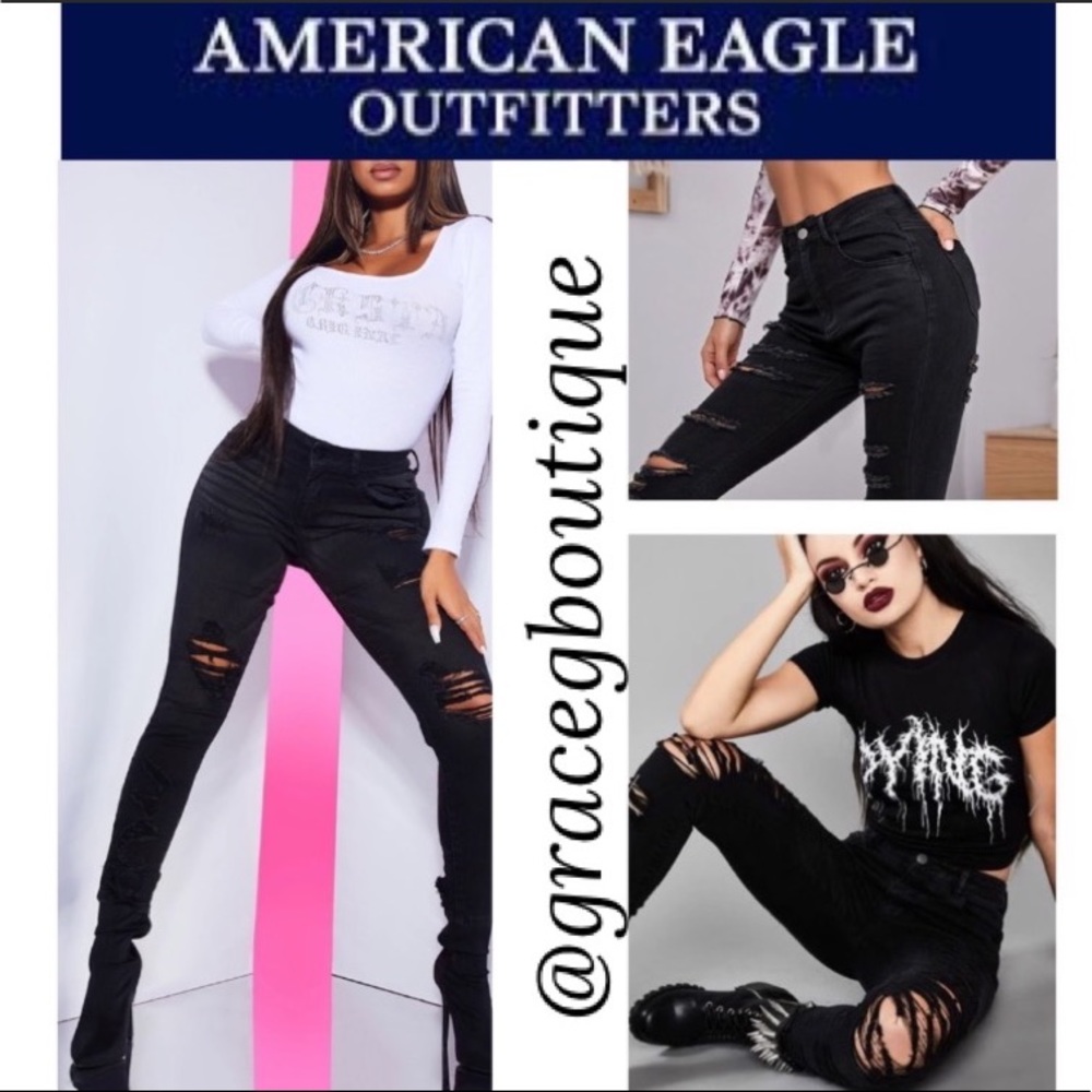 American Eagle Jeans Next Level Distressed Ripped Destroyed Black Sexy Goth Edgy
